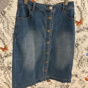 Denim button front knee length skirt